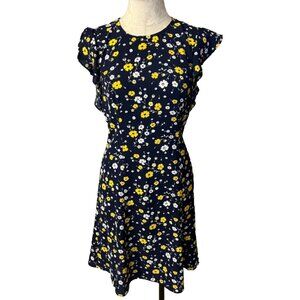 Michael Kors Dress M Medium Blue Yellow Short Flutter Sleeve Stretch NEW